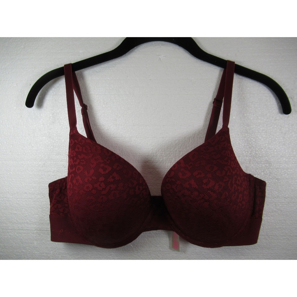Victoria's Secret PINK Animal Print Lace Push Up Bra 36D Red Underwire Padded